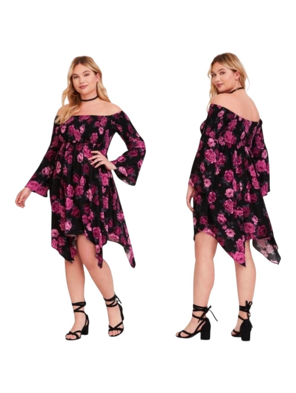 Torrid Floral Handkerchief Hem Mini Dress Women Size 0 Black Pink Boho Chic